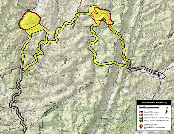 Battle of Cheat Summit map. Lee ordered 3,000 Confederate infantry to flank the Union camp on Cheat Summit while the Union soldiers slept. (American Battlefield Protection Program).