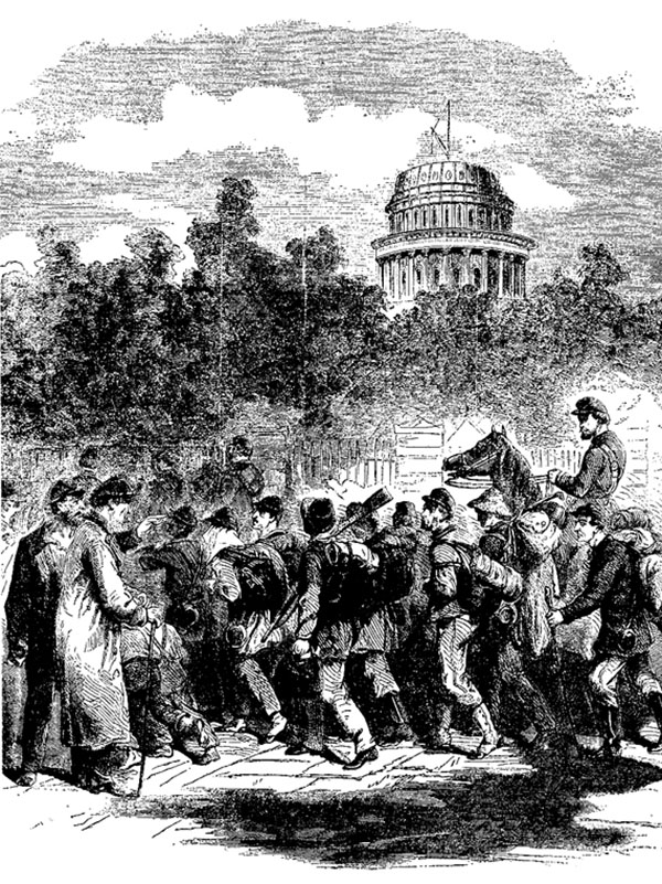 Convalescent soldiers passing through Washington to join their regiments (Harper's Weekly)